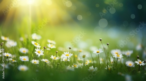 Spring nature landscape with green grass and wild chamomiles blurred background. Generate AI image