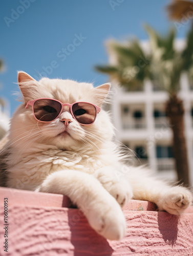 cute, funny, happy, adorable cat, kitty on the beach with humorous sunglasses. summertime, beach palm tree, heat relax, vacation.