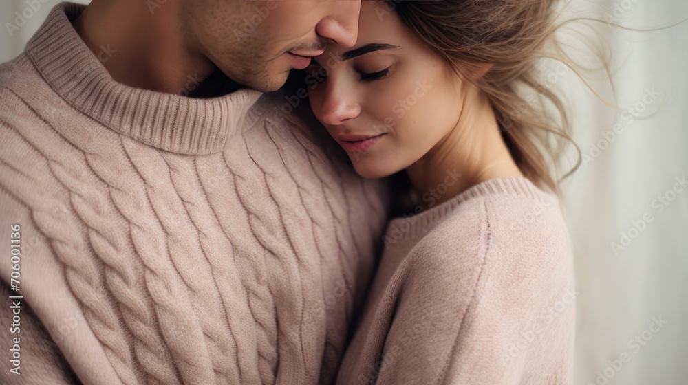 Couple in matching sweaters sharing a warm embrace. Concept of love and valentine's day. Couple in matching sweaters sharing a warm embrace. Concept of love and valentine's day.