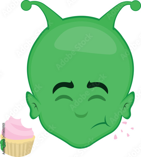 vector illustration face alien or extraterrestrial cartoon eating a cupcake or muffin