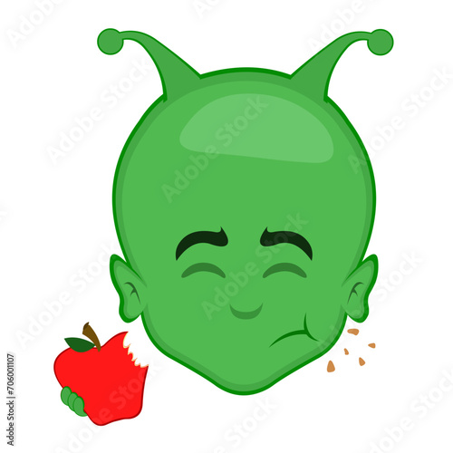 vector illustration face alien or extraterrestrial cartoon eating red apple
