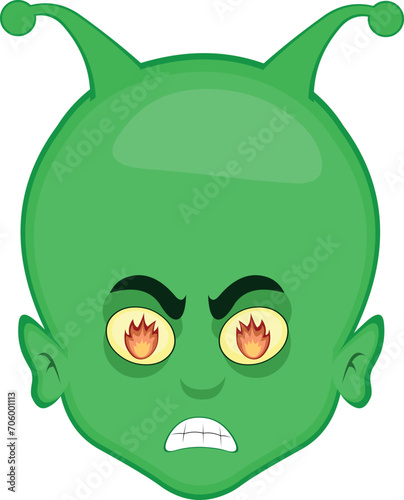 vector illustration head alien or extraterrestrial cartoon angry expression with flames of fire in his eyes