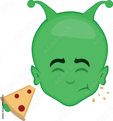 vector illustration face alien, extraterrestrial or martian character cartoon eating a slice of pizza