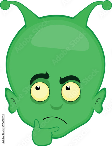 vector illustration head alien or extraterrestrial cartoon with a thoughtful or doubtful expression with hand on his chin