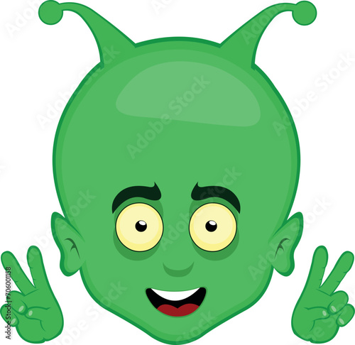 vector illustration face alien or extraterrestrial cartoon happy expression with hands making the classic gesture of love and peace or v victory