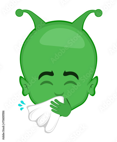 vector illustration face alien, extraterrestrial or martian character cartoon sneezing with a handkerchief on the nose