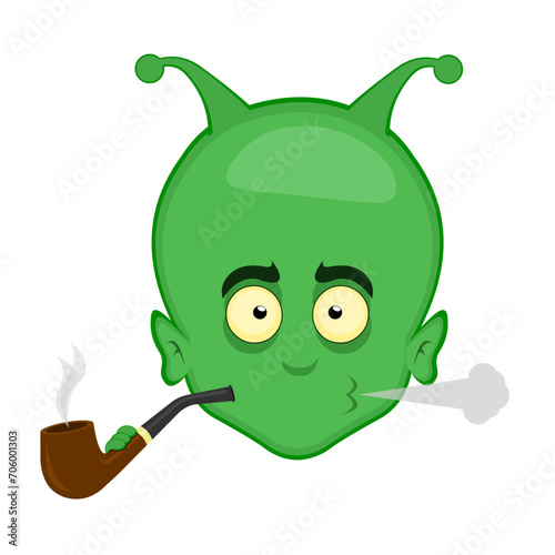 vector illustration face alien, extraterrestrial or goblin cartoon, smoking and exhaling pipe tobacco smoke