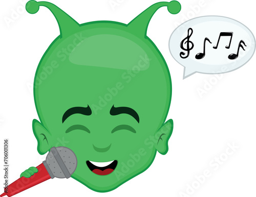 vector illustration face alien, extraterrestrial or martian character cartoon singing with a microphone in hand, a speech bubble and musical notes