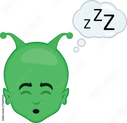 vector illustration face alien, extraterrestrial or martian character cartoon sleeping and a cloud thought with the text zzz