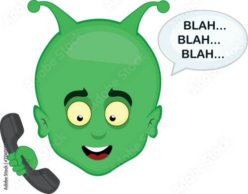 vector illustration face alien or extraterrestrial cartoon talking on the phone and a speech bubble with the text blah