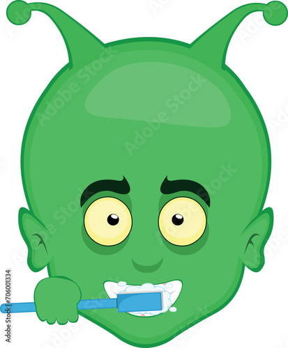 vector illustration face alien, extraterrestrial or martian character cartoon, brushing his teeth with a toothbrush