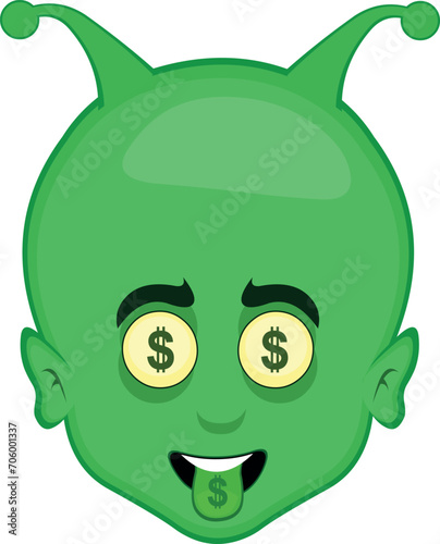vector illustration face police alien, extraterrestrial or martian character cartoon with dollar sign in the eyes and tongue