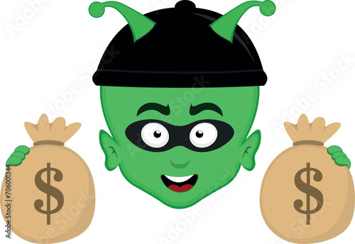 vector illustration face police alien, extraterrestrial or martian character cartoon with thief mask and some bags of money in the hands