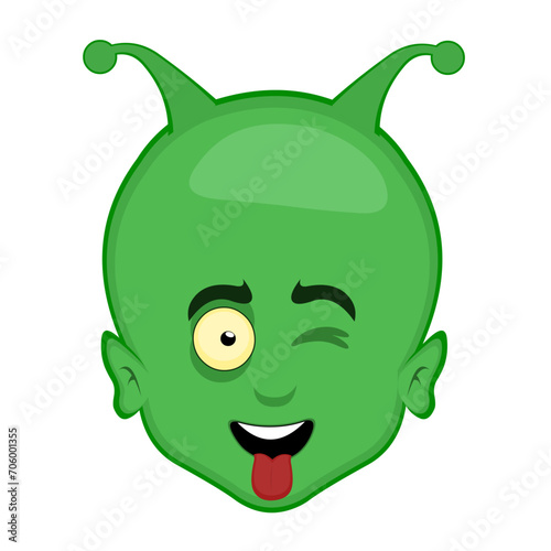 vector alien face illustration or extraterrestrial cartoon winking eye and sticking out tongue