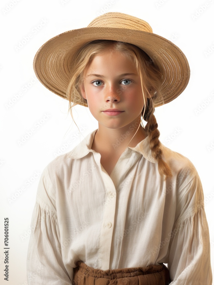 Girl in a simple traditional outfit in the countryside, farmer's daughter, studio portrait, white background Girl in a simple traditional outfit in the countryside, farmer's daughter, studio portrait, white background