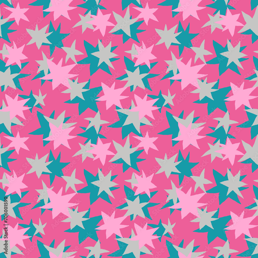 Freehand drawn teal, pink and silver stars on pink background seamless vector pattern. Creative colorful texture for printing on textile, wrapping, textile, wallpaper, apparel etc. Freehand drawn teal, pink and silver stars on pink background seamless vector pattern. Creative colorful texture for printing on textile, wrapping, textile, wallpaper, apparel etc.