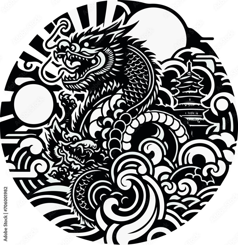 Yin Yang Inspired Dragon Tattoo Design in Black and White