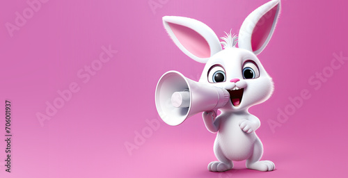 Cute Cartoon Easter Bunny with a Megaphone on a Pink Background with Space for Copy