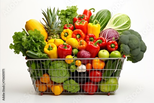 colorful display of fresh fruits and vegetables in a fully stocked supermarket metal shopping cart