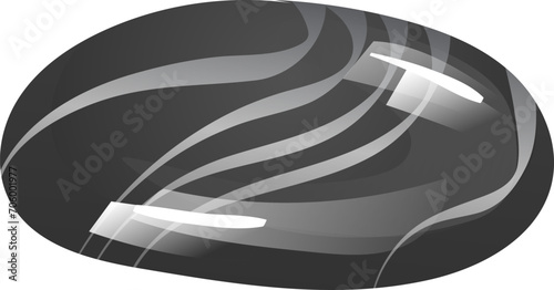 Black shiny stone with white streaks. Realistic smooth pebble with reflective surface. Polished rock illustration.