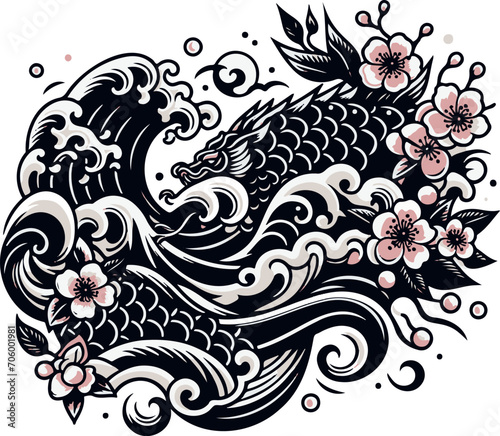 Traditional Japanese Dragon Tattoo Design with Cherry Blossoms