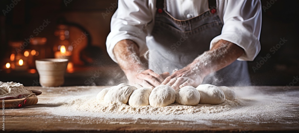 Talented baker expertly kneads dough for bread in bakery, with blurred background and text space