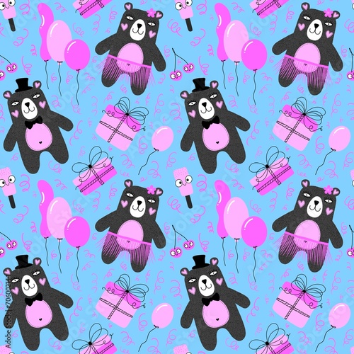 Fototapeta Naklejka Na Ścianę i Meble -  Birthday party cartoon animals seamless bears and balloons and gift pattern for wrapping paper and fabrics