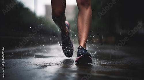 Healthy lifestyle. Legs of woman in sport shoose taking run on warm summer raining day