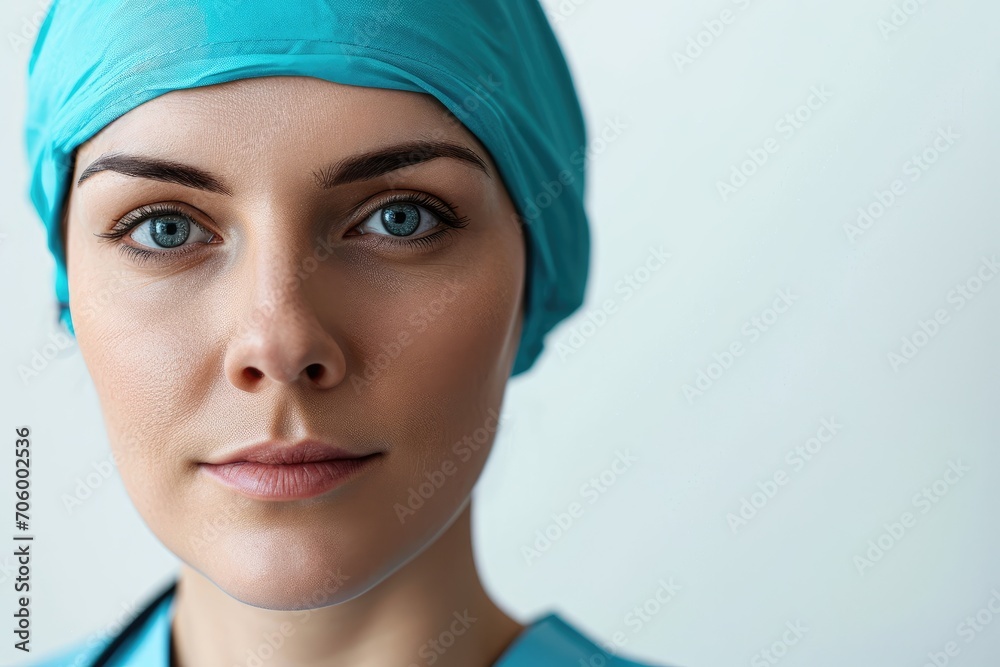 Focused portrait of a surgical nurse, precise and meticulous, white background Focused portrait of a surgical nurse, precise and meticulous, white background