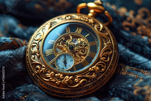 Golden pocket watch with intricate design on dark velvet