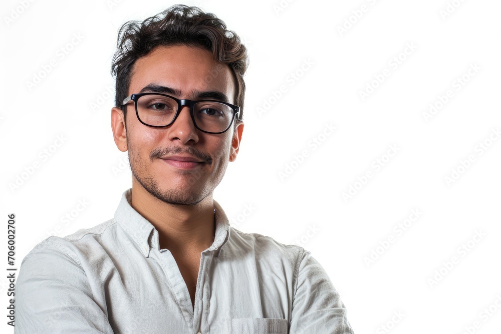 Intellectual portrait of a Latino man, educated and insightful, white background Intellectual portrait of a Latino man, educated and insightful, white background