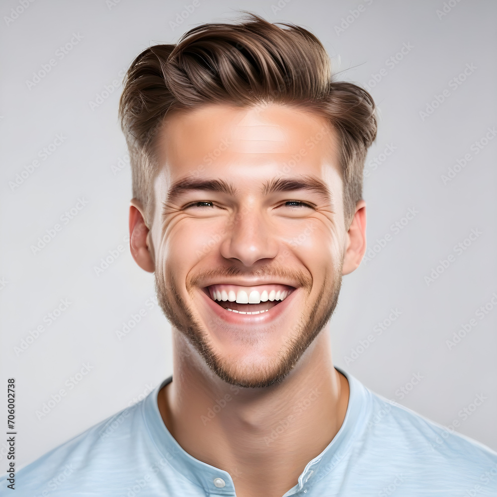 Fototapeta premium A professional portrait studio photo of a handsome young white american man model with perfect clean teeth laughing and smiling. isolated on white background. for ads and web design.