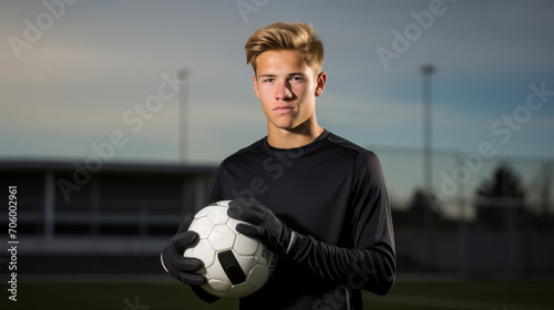 A young man in black sportswear and gloves holds a soccer ball at the stadium, close-up portrait. Youth and Soccer concept. Banner with copy space