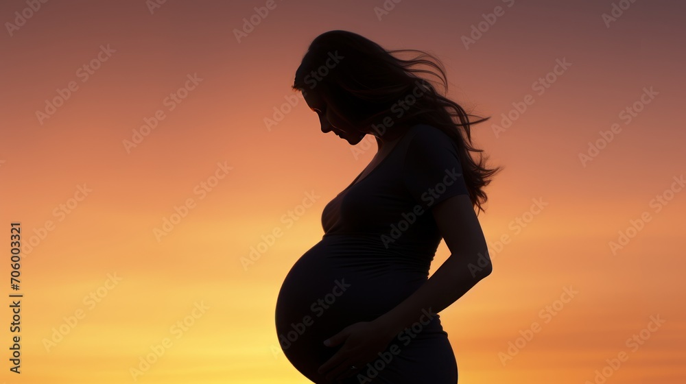 Silhouette of pregnant woman on soft sunset or sunrise background, copy space