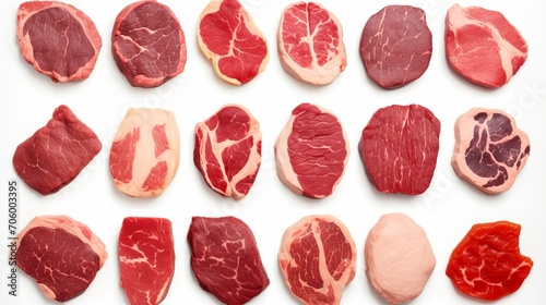 Assortment of various raw steaks, seen from a top view, isolated on a clean white background