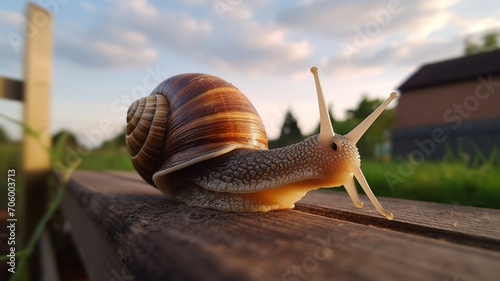 A sunset-orange snail with intricate patterns, traversing a wooden fence in a warm, evening glow -Generative Ai 