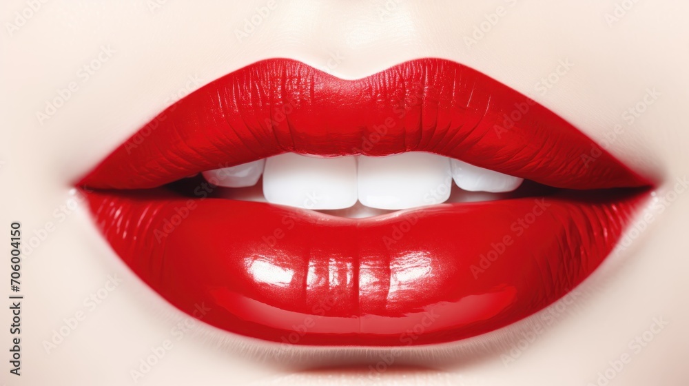 Obraz premium Close-up of lips with a vibrant red lipstick or lip balm