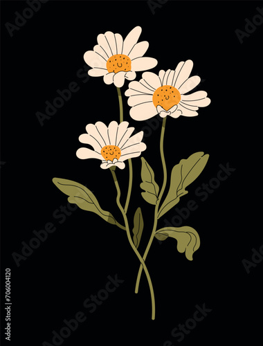 vector flowers illustration, white flowers, modern art, art deco, flowers, colors.