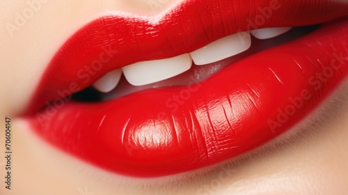 Close-up of lips with a vibrant red lipstick or lip balm 