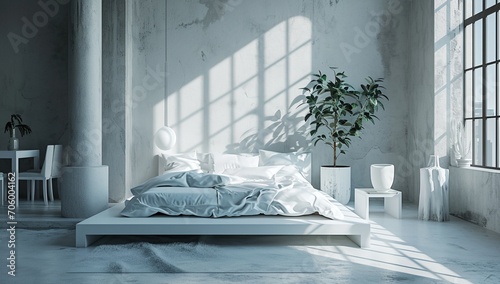 a bed with a white comforter