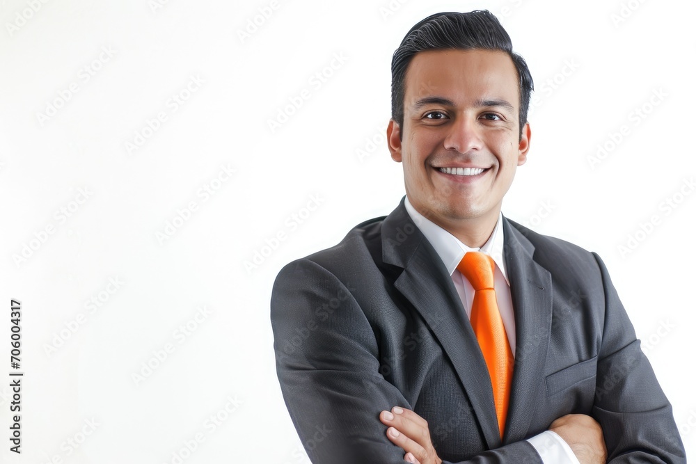 Professional portrait of a Latino businessman, polished and confident, white background Professional portrait of a Latino businessman, polished and confident, white background