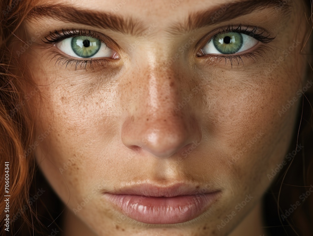 Portrait of a red-haired girl with freckles. Focus on close-ups of women with fierce and determined eyes, challenging stereotypes and prejudices. Portrait of a red-haired girl with freckles. Focus on close-ups of women with fierce and determined eyes, challenging stereotypes and prejudices.