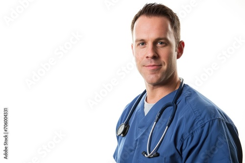 Professional portrait of a male nurse in scrubs, competent and skilled, white background
