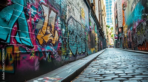 a brick street with graffiti on the side of it