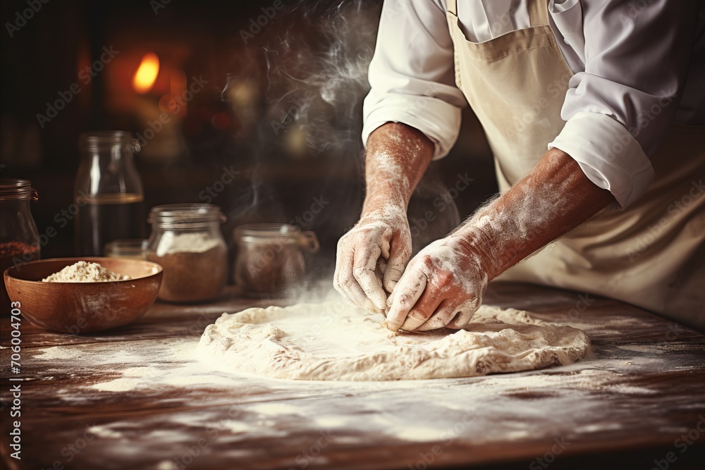 Experienced baker kneading dough for bread in bakery with blurred background and text space