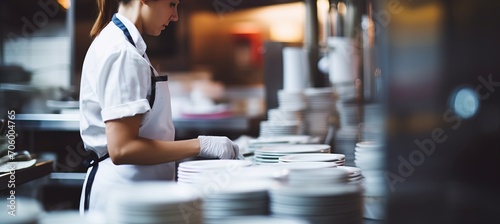 Close up of woman washing dishes in industrial kitchen with white tableware on defocused background photo