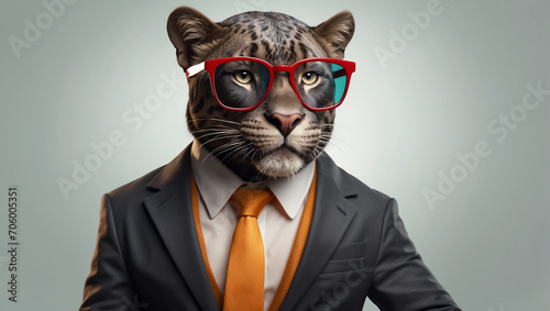 Cute panther wearing glasses and a business poster