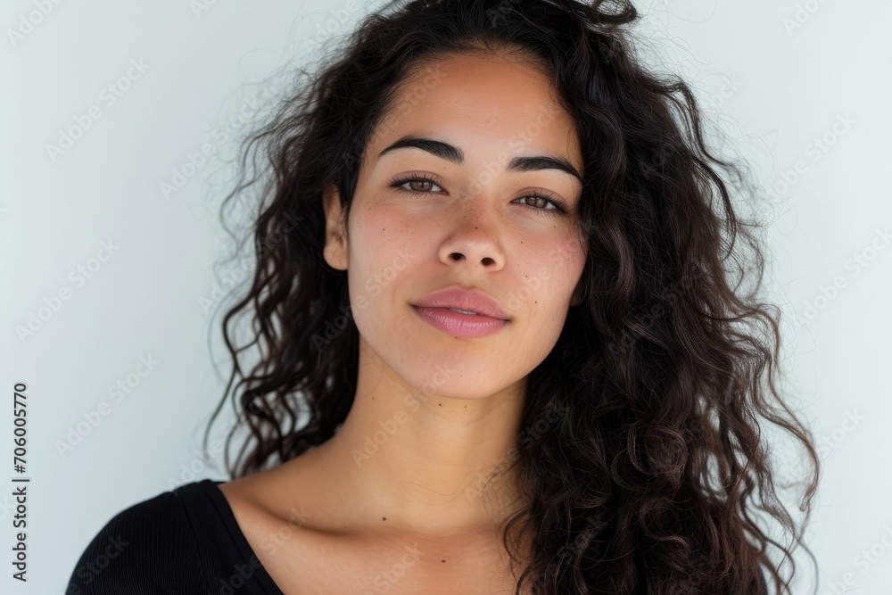 Serene portrait of a Latino woman, calm and composed, white background Serene portrait of a Latino woman, calm and composed, white background