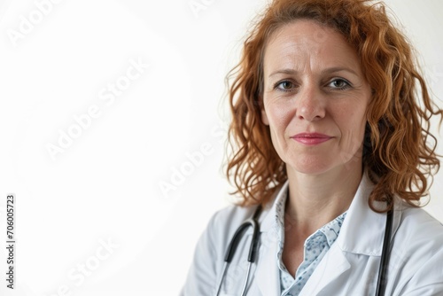 Scholarly portrait of a female academic doctor, erudite and knowledgeable, white background photo