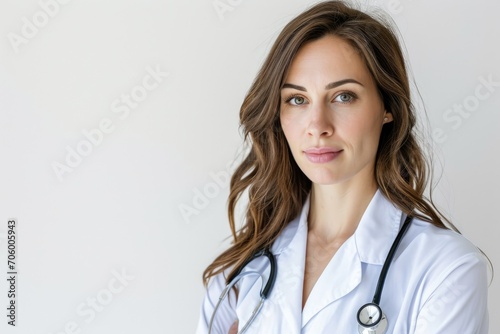 Sophisticated portrait of a female physician  elegant and intelligent  white background